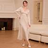 2026 Women's French V-neck Satin Dress Autumn and Winter High-waisted Slim-fitting High-end Dress