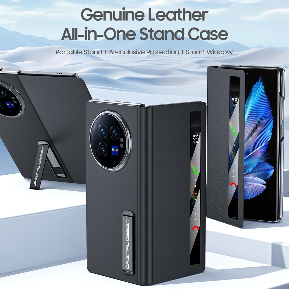 For Vivo XFold3 Phone Cover Metal Holder Smart Window Genuine Leather Case Anti-fall for Vivo XFold3Pro Phone Case black box&Vivo X Fold3