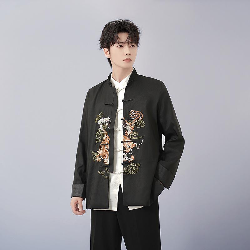 Spring and Autumn Men Embroidered Tops Chinese Traditional Phoenix Printed Clothes Dragon Tang Suit Clothing Long Sleeve Festival New Year Jacket