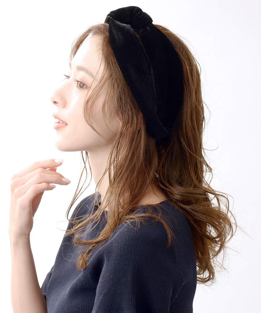 VINGTAINE Velour Black Turban Cross Hair Hairband, Hairband, Wide, Voluminous, Accessory, HB-96