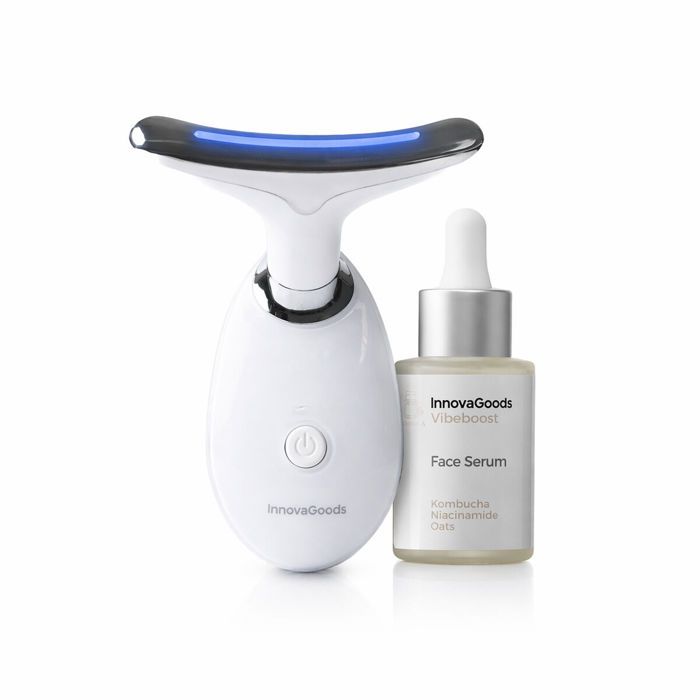 Zestaw do pielęgnacji twarzy - INNOVAGOODS - Selora & Vibeboost - Masażer LED 7 kolorów & EMS - Ciepło 45°C - Serum Kombucha 30 ml biały