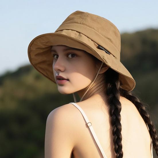 Women Hat Fisherman Style Solid Color Basin Hat with Reflective Stripe Lace-Up Dome Design Bucket Hat