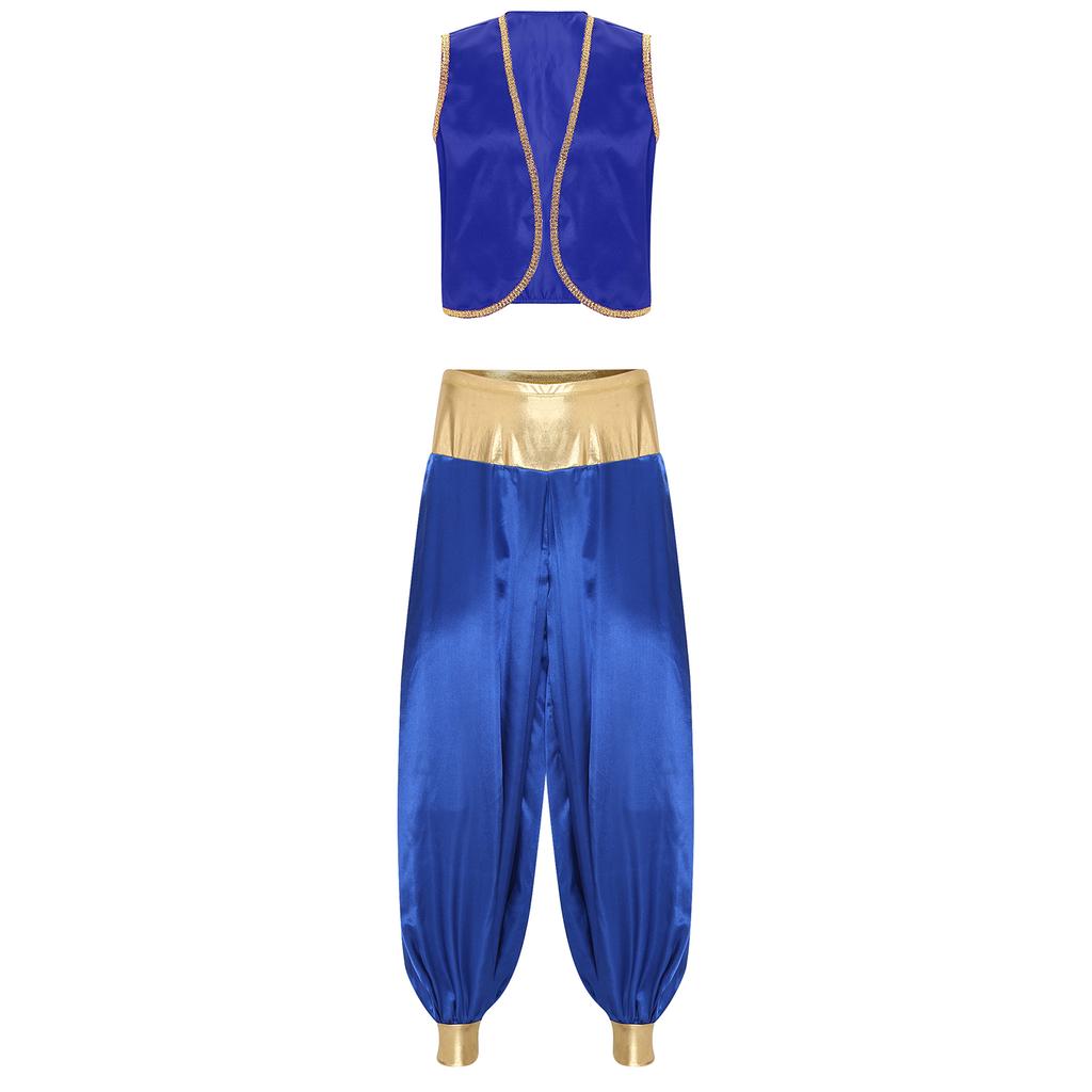 Mens Arabian Prince Costume Shiny Gold Trim Vest and Patchwork Lantern Pants for Cosplay Halloween Theme Party Curved Waistcoat