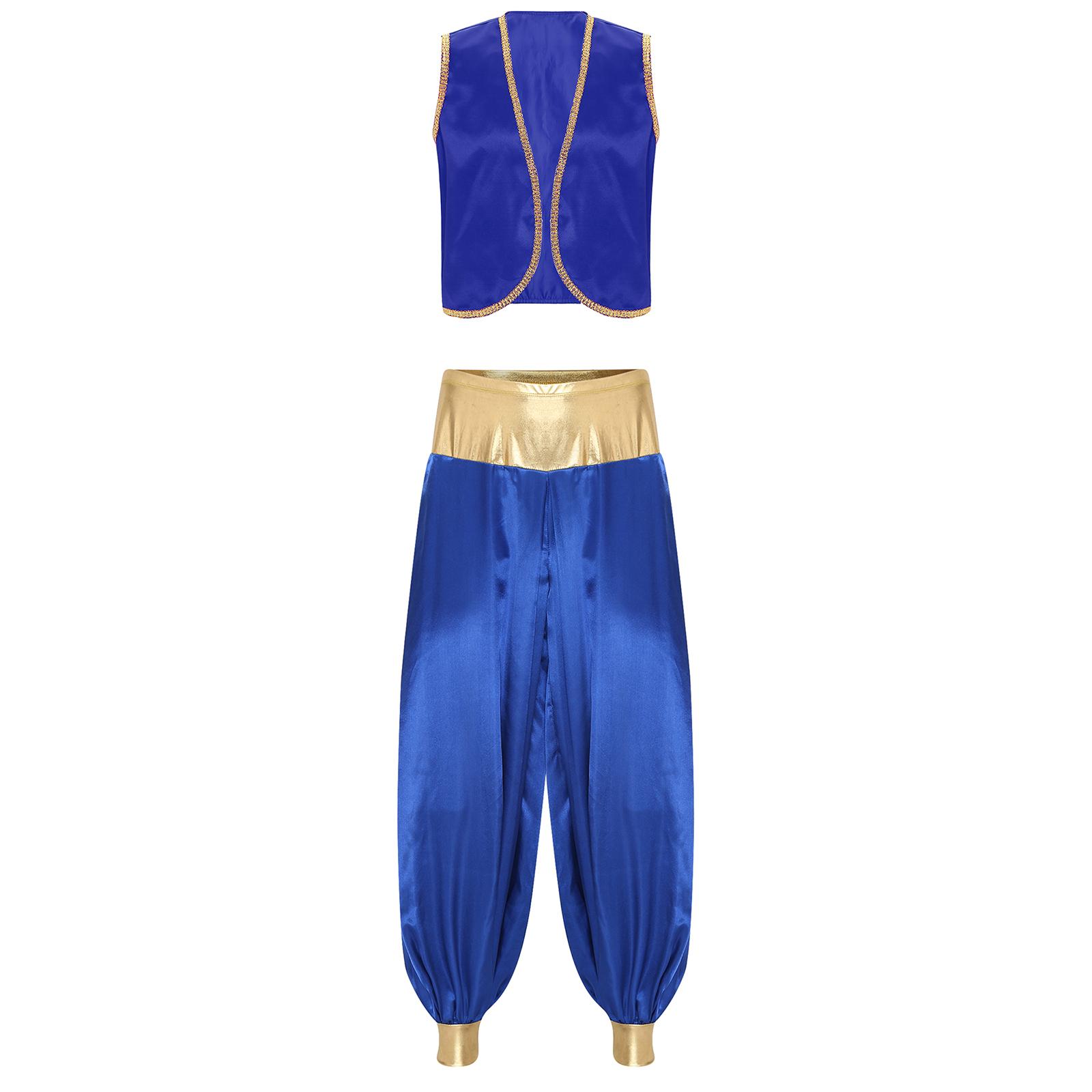 

Чоловічий костюм арабського принца, блискучий золотий жилет з обробкою та латані штани-ліхтарі для косплею, тематичної вечірки на Гелловін, вигнутий жилет 4XL королівський синій колір