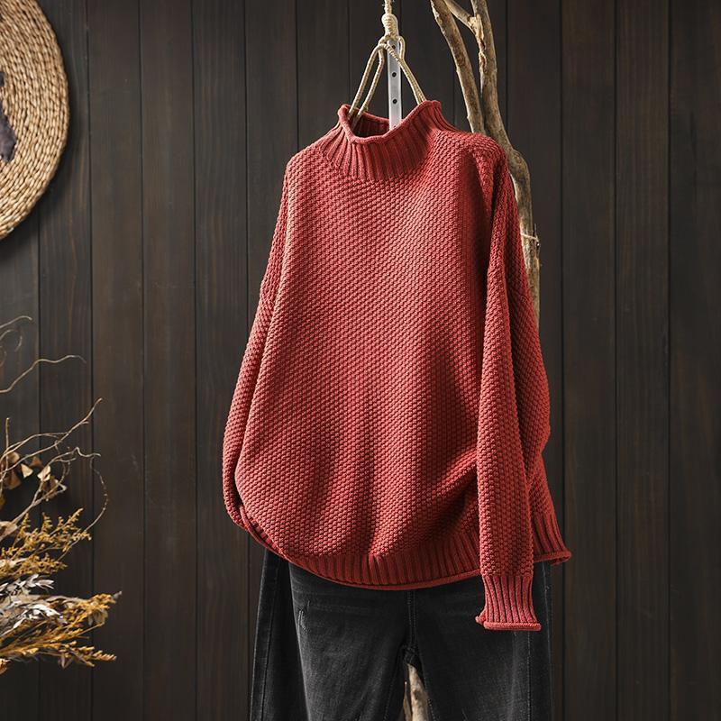 Damski Oversize Luźny Sweter z Dzianiny z Golfem Zimowy Casualowy Pulower z Haftem 3D