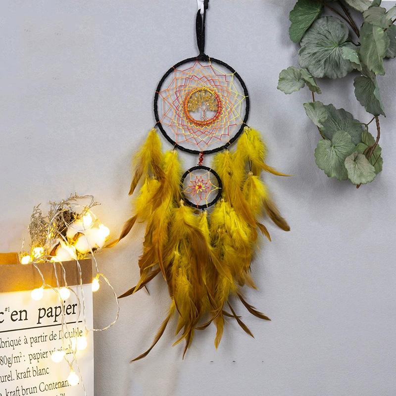 

Yellow Feathers Crystal Tree of Life Dream Catcher Wall Hangings Room Pendants Home Decorations Hand Woven Wind Chimes Gifts