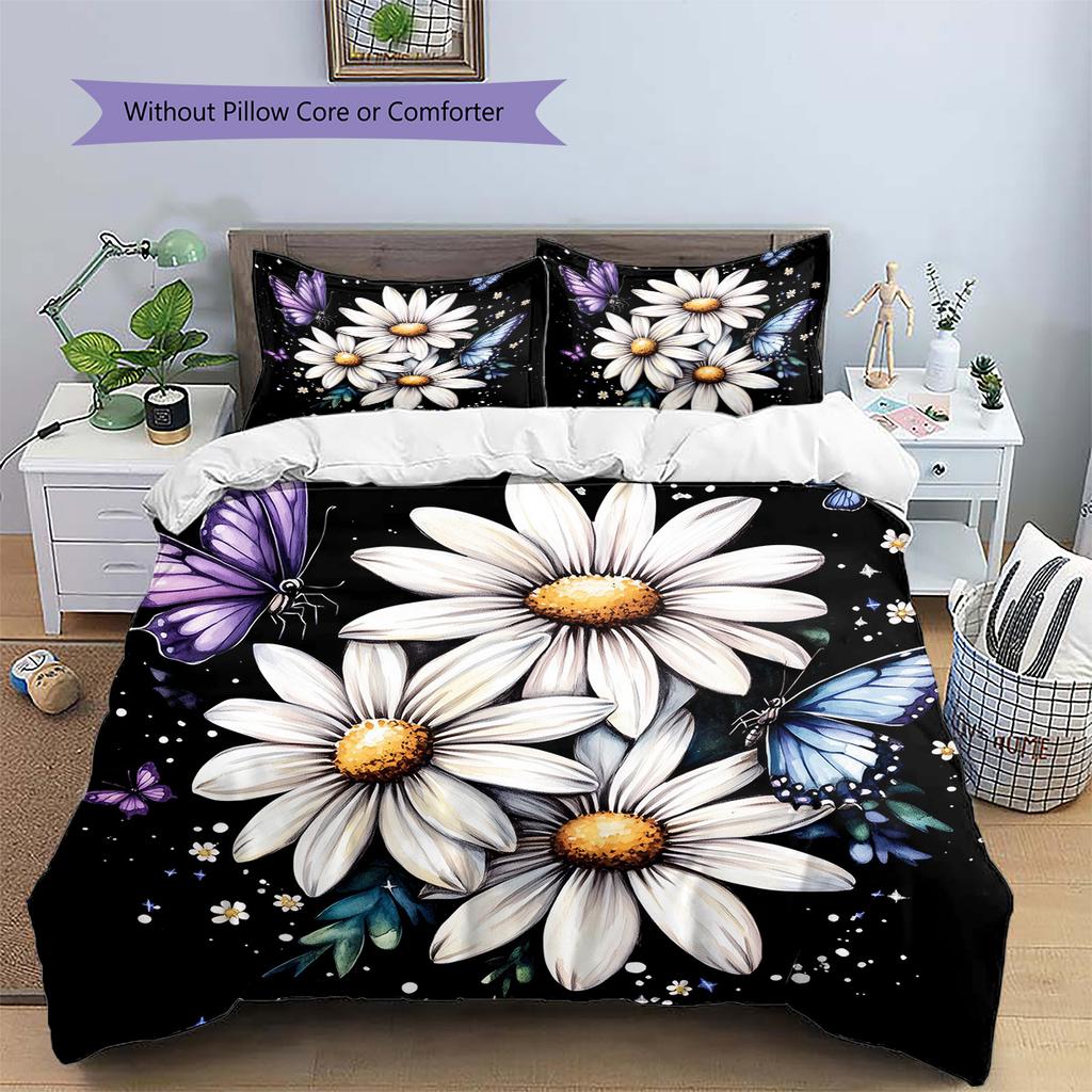 Daisy Butterfly  Pattern Bedding Quilt Set Quilt Cover Pillowcase Home Decoration  Gift (1 * Duvet Cover + 2 * Pillowcase, Without Core)