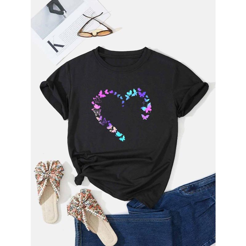 Womens Gradient Butterfly Heart Print T Shirt Casual Crew Neck Stretchy Polyester Fabric Machine Washable Top 4XL чёрный