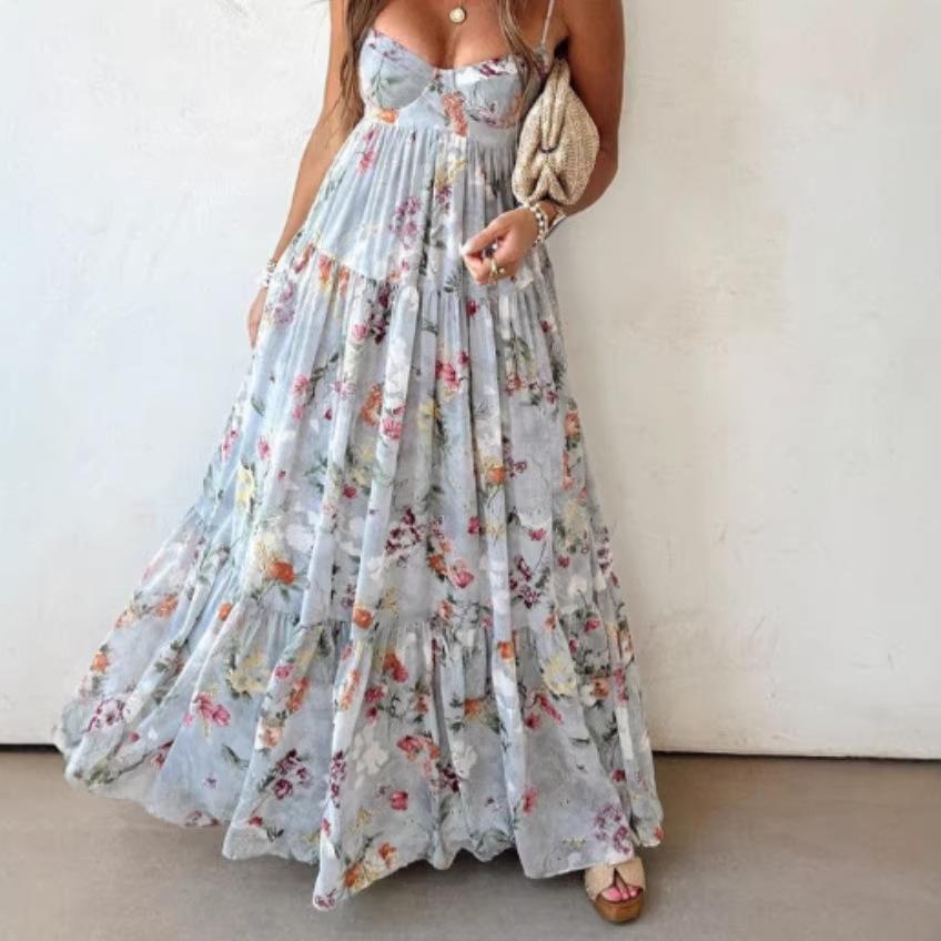 Sommer Neues Design Damen Bedrucktes Ärmelloses Rückenfreies Elegantes Kleid mit Trägerdesign