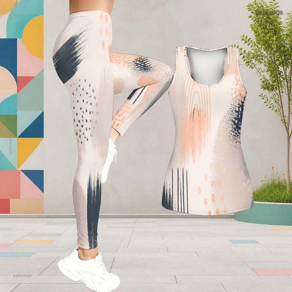 Women Plus Size Two Piece Set Scoop Neck Sleeveless Tank Top White Blue Green Printed Fitted Pants