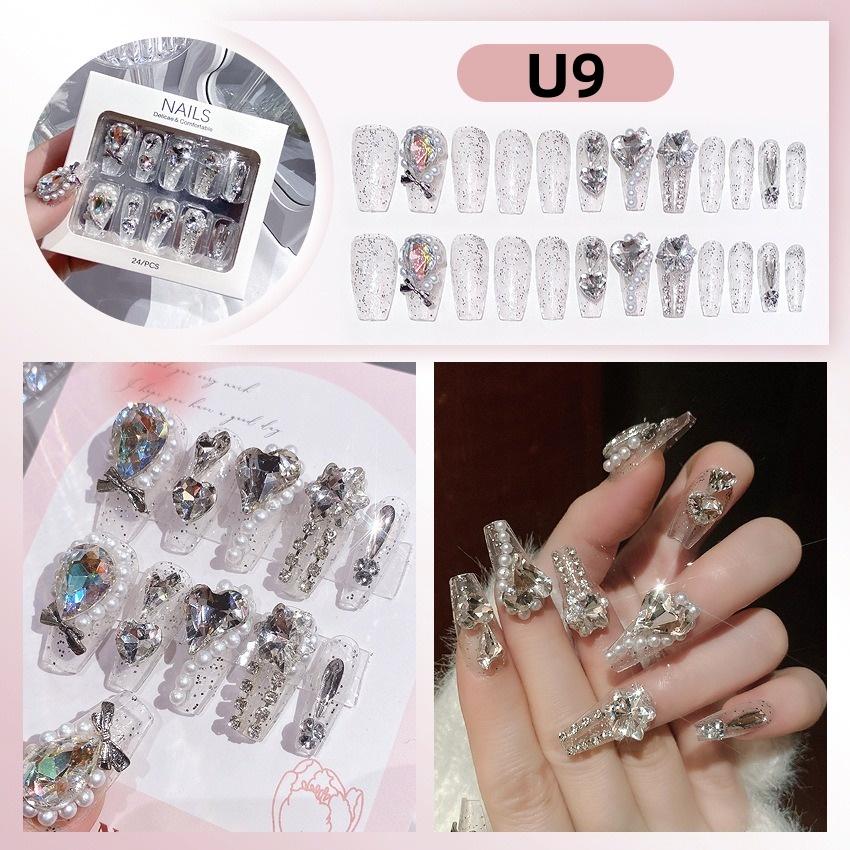 White Blue Color 3D Rabbit Star Rhinestone Designs-Full Cover Acrylic False Nails for Women and Girls Detachable Long Fake Nails