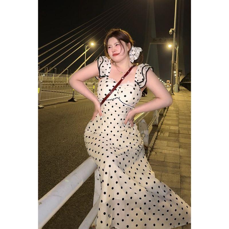 Dmcc Romantic Prelude French-Style Off-Shoulder Polka Dot Strap Dress for Slightly Plump Women, Slimming Plus-Size Summer Dress
