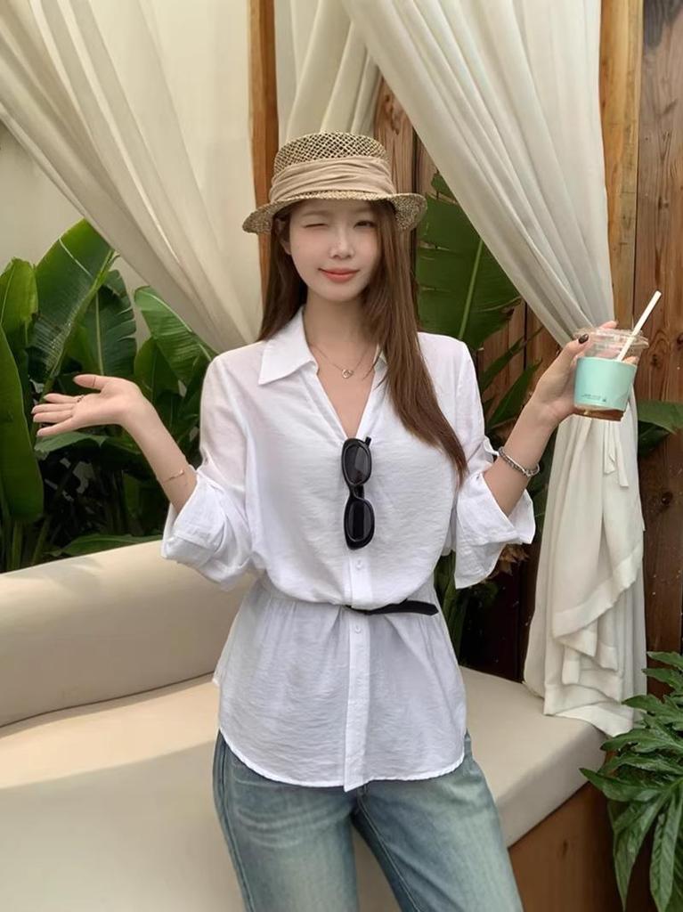 2026 Summer Plus Size Women's Korean Style Elegant Lapel Waist-Cinched Slim Shirt Top