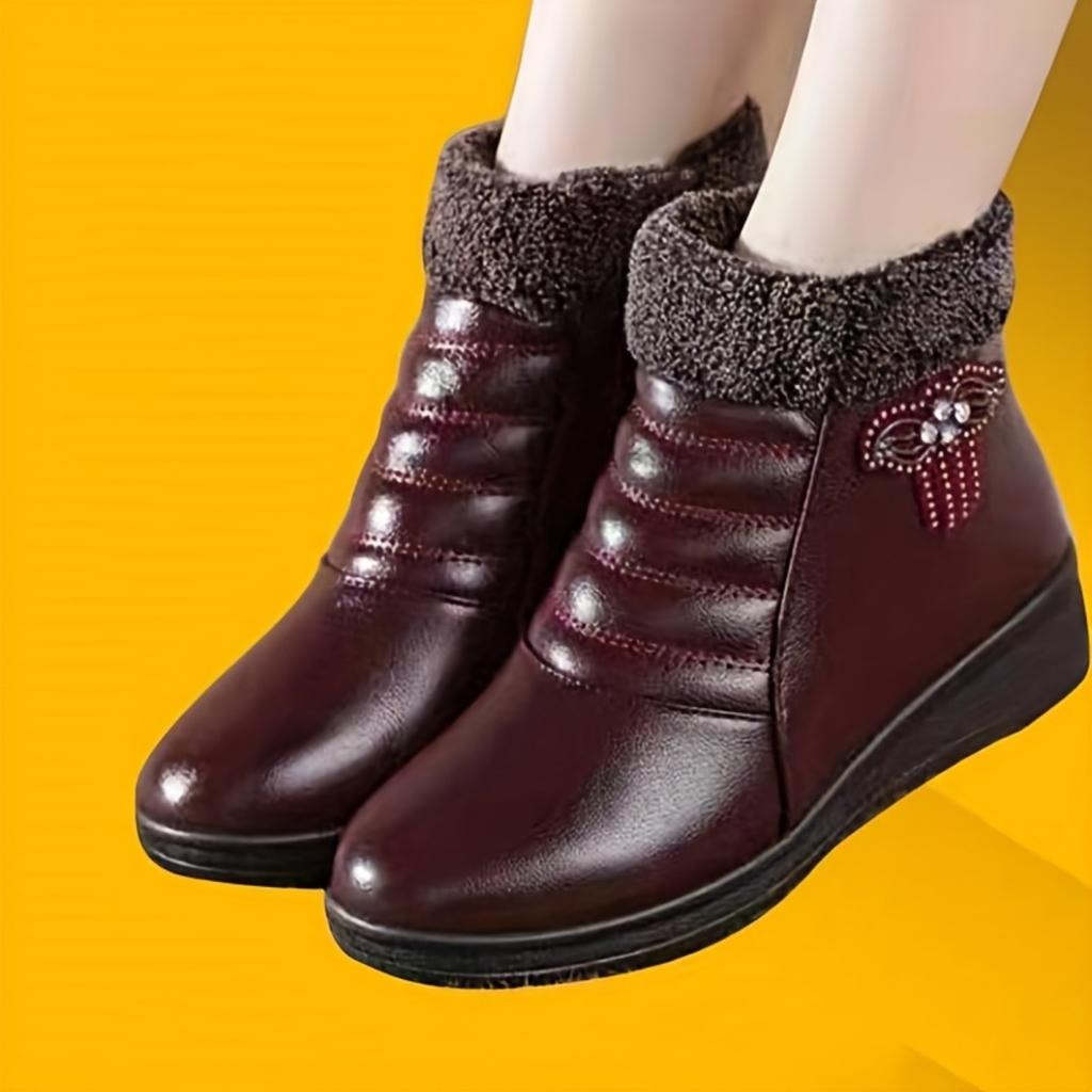 Women's Winter Warm Plush Short Boots, Anti Slip Soft Bottom Side Zipper Design, Red Bow Details, Minimalist Style | Winter Casual Boots