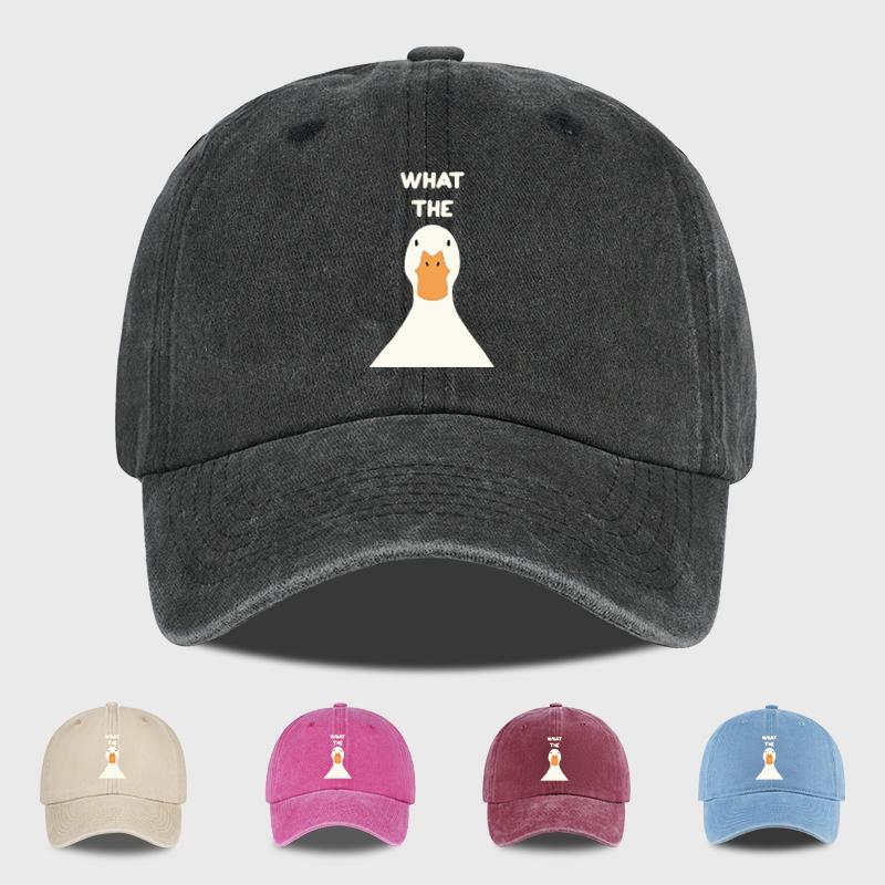Washed Baseball Cap with "What The Duck" Print - Adjustable Curved Brim Dad Hat - for Casual Streetwear & Daily