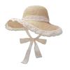 Sun Hat Windproof Large Brim Lace Trim Non-Slip Handmade Straw Hat with Straps Face Shaping Summer Beach