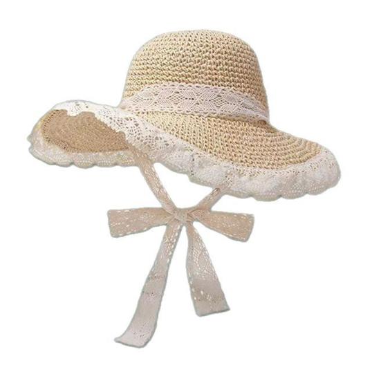Sun Hat Windproof Large Brim Lace Trim Non-Slip Handmade Straw Hat with Straps Face Shaping Summer Beach