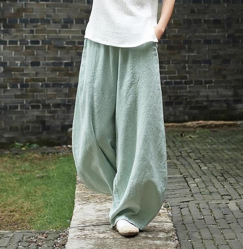Cotton Linen Bloomers Wide Leg Pants Women Vintage Full Length Fashion Elegent Pants Solid Elasitic Waist Spring Autumn