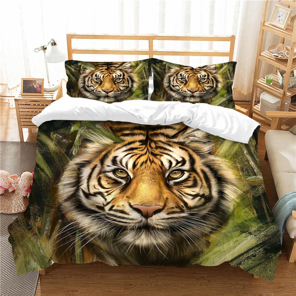 3D down quilt cover Bedding Set Green bottom tiger head printed down