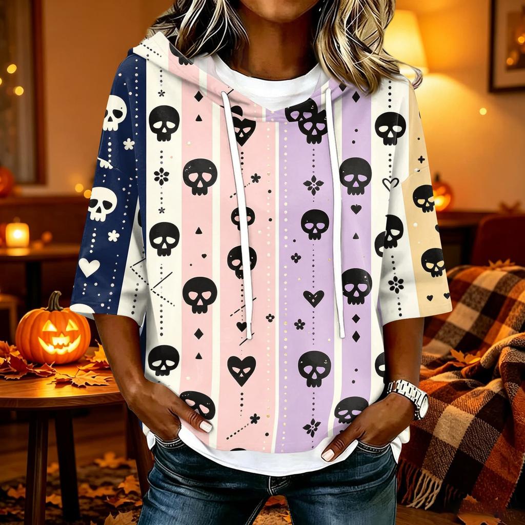 Women's Halloween Print Hooded Top, Loose Fit Casual 3/4 Sleeve Pullover Shirt