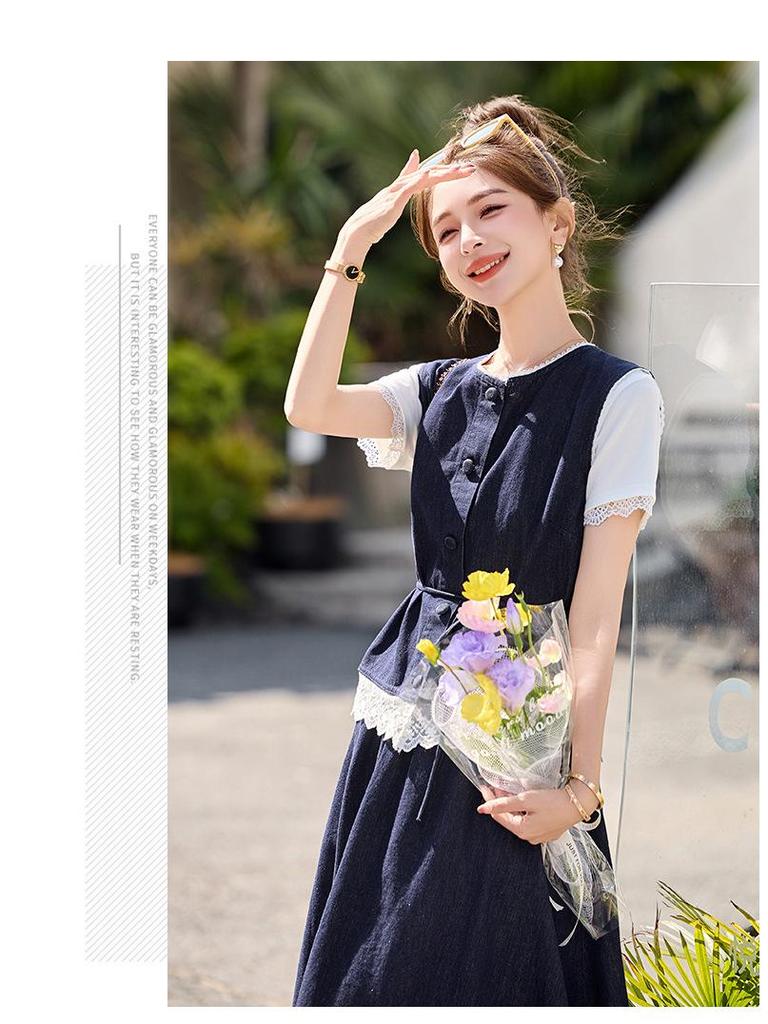 Chic 2025 Summer Denim Skirt Set: Slimming Vest & Midi Skirt for Women