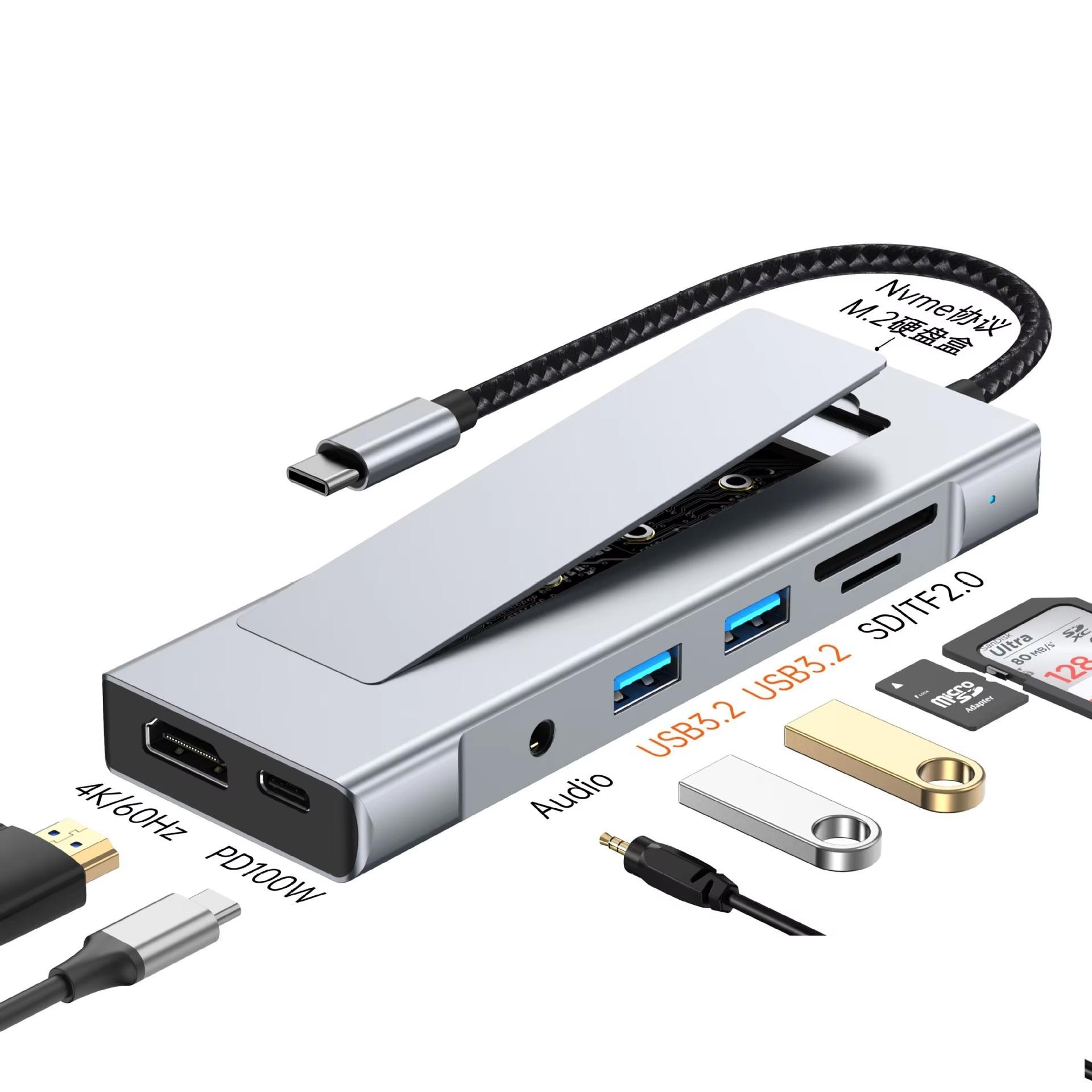 Универсальная док-станция USB-C, адаптер для ноутбука, корпус для SSD M.2 NVMe, компактный USB-C хаб для Macbook, для путешествий и офиса серебряный