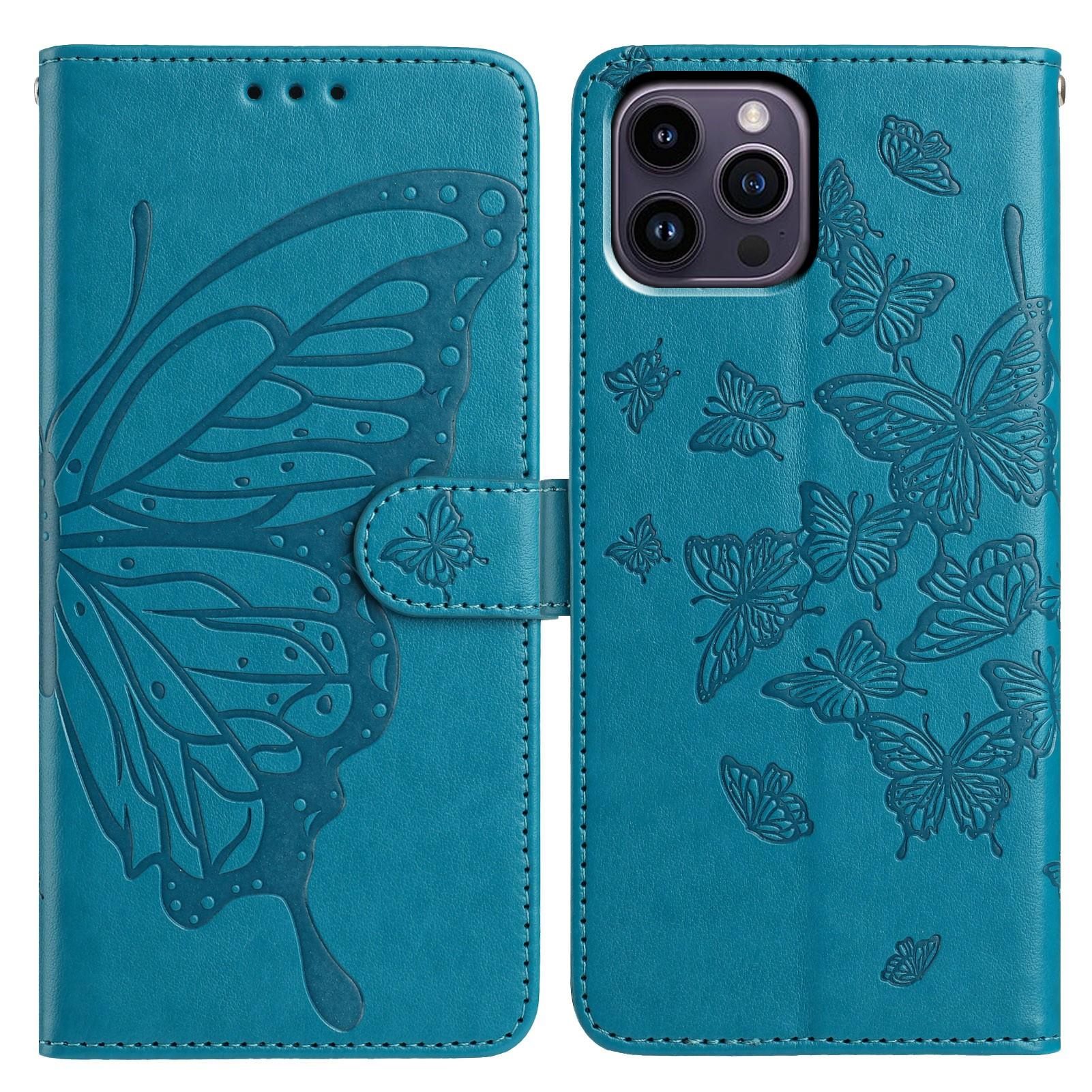

For iPhone 14 Pro Max Case Butterfly Imprinted Wallet Stand PU Leather Flip Phone Cover with Strap Blue