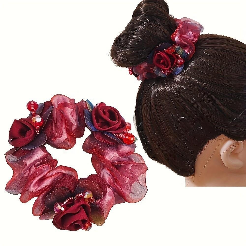 3 Flower Lace Hair Scrunchies Elegant Bun Rubber Bands Large Intestine Hair Ring Daily Use