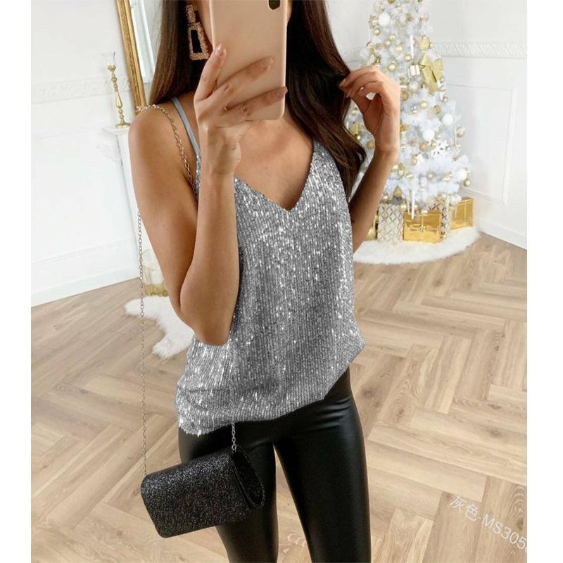 Women s Sleeveless V-neck Hot Stamping Club Party Sexy Camisole Clothes Sale S серебряный