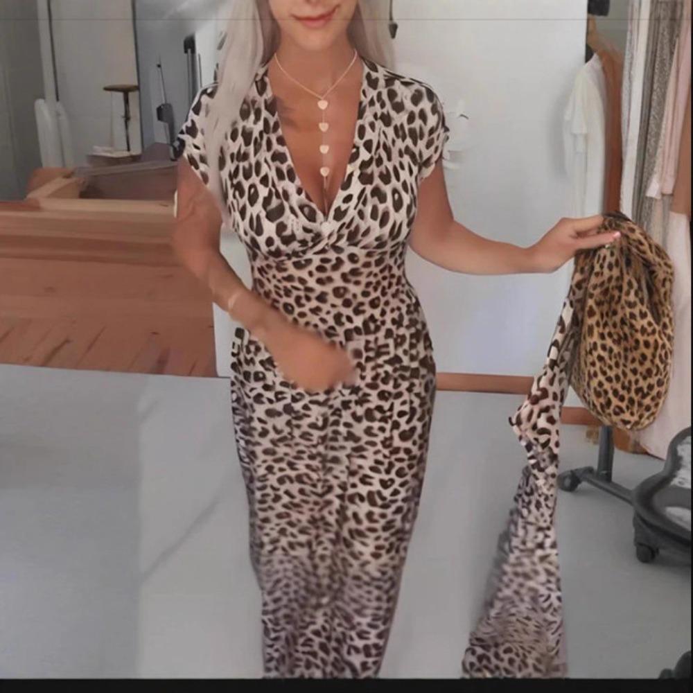 Women s Deep‑V Cap‑Sleeve Leopard Print Stretchy Bodycon Long Maxi Dress S
