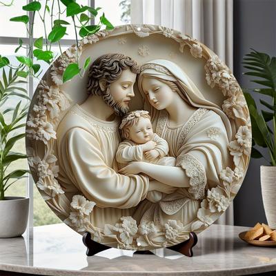 Creative 'Holy Family of Jesus' Round 2D Wooden Logo, Home Decor, Vintage-Inspired Jesus Birth Plaque, Ideal Gift for Friends