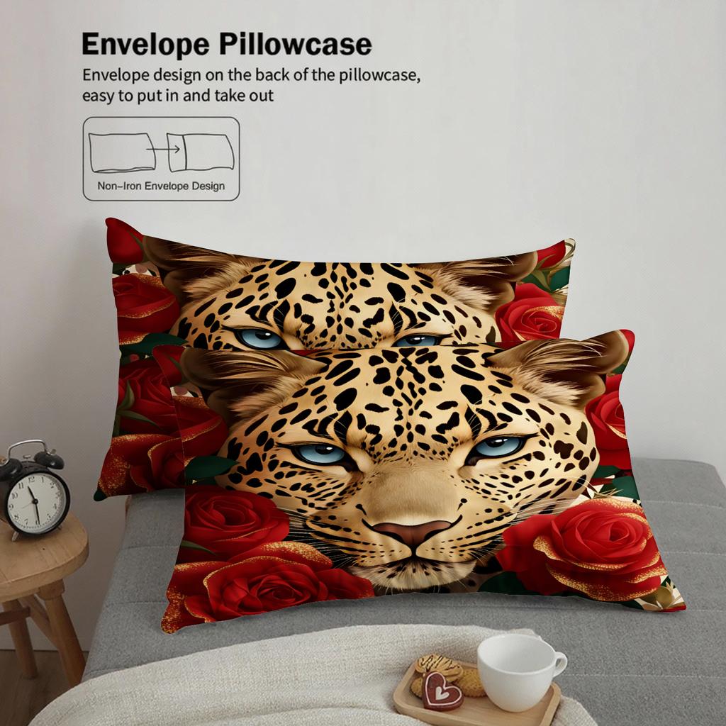 Leopard Print Bedding Set Red Roses And Leopard Face Design Duvet Cover Pillowcases Fade-Resistant For Bedroom Decor