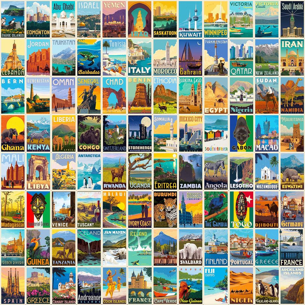 100 Stickers for World Landmarks Posters Stickers for Retro European and American Posters, Classic Movie Stickers for 4 Pieces/pack