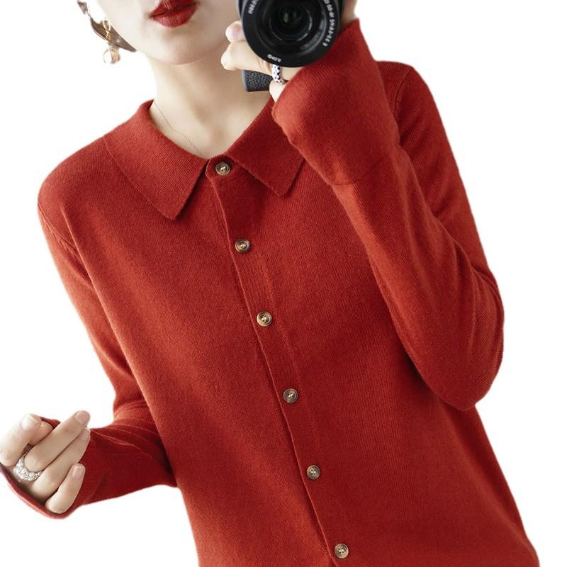 Women's Wool Cardigan with POLO Collar - Long Sleeve Sweater for Spring & Autumn