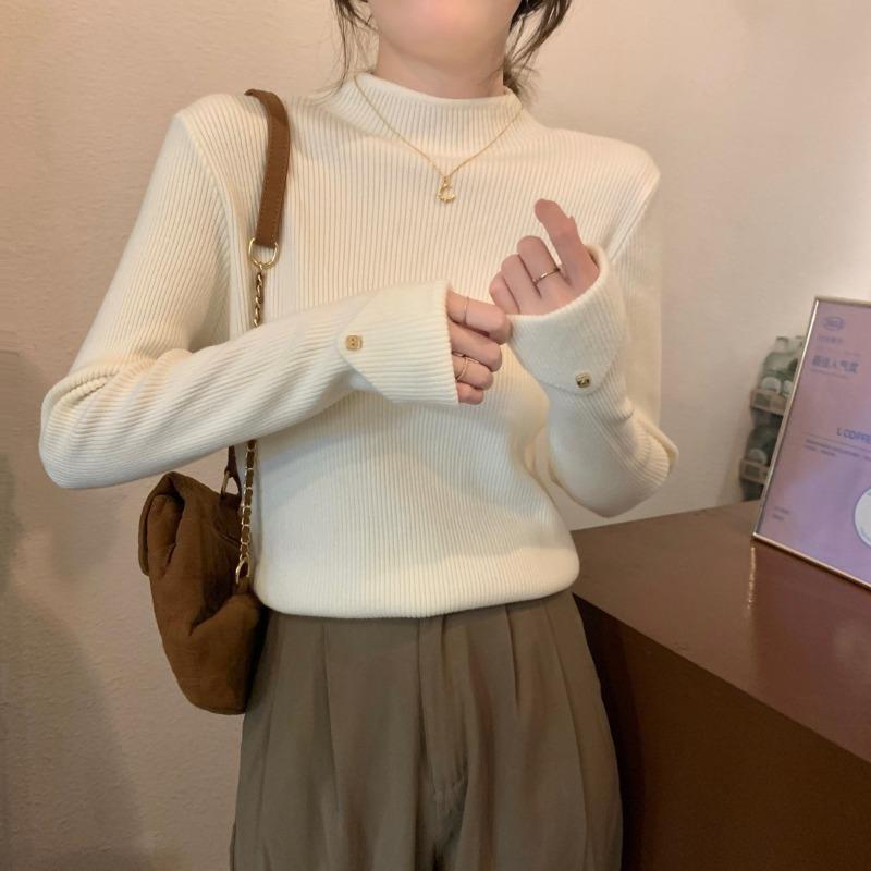 High-end knitted sweater women's semi-turtleneck bottoming shirt spring unique cuff design inner top