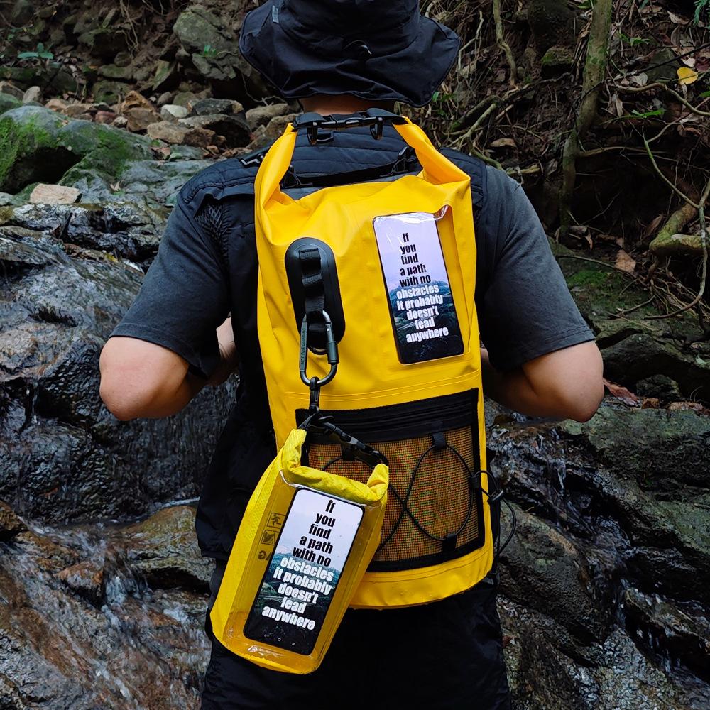 Multifunktionaler wasserdichter PVC-Trockenbeutel Rucksack mit Netztasche & Gurten für Wandern Bergsteigen Rafting Camping & Radfahren