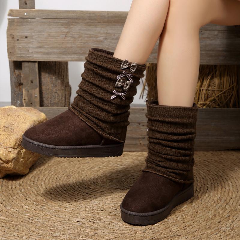 Brand Design Wrinkled Stacked Snow Boots Women 2025 Winter Sweet Bowknot Decoration Booties Warm Short Plush Mid Calf Boots