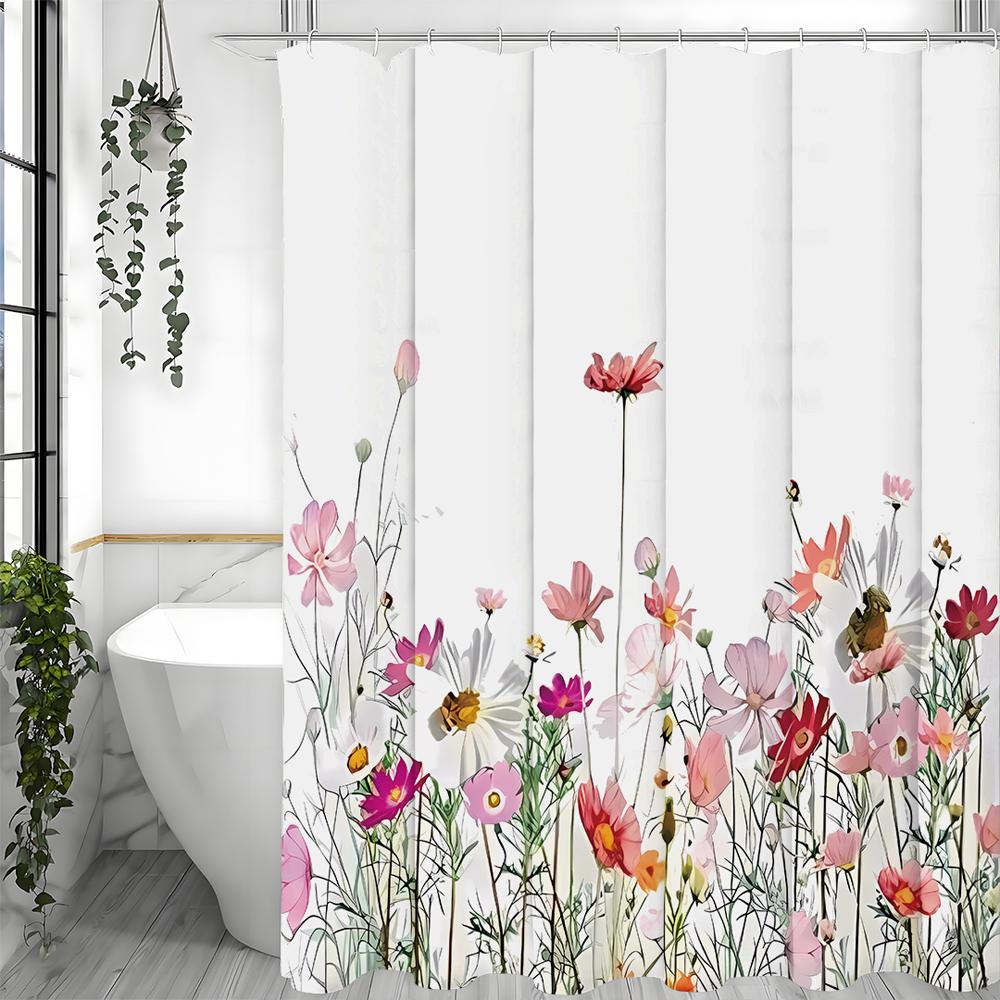 Flower Shower Curtain, Pink Flower, Solid Color Background with Hooks, Bathtub Shower Curtain, Waterproof Shower Curtain