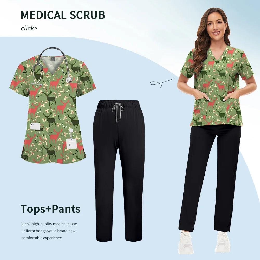Printed Scrub Uniform Set V Neck Short Sleeves Pockets Top Medical Soft Scrub Pants Sets Nurse Surgical Uniforms Woman