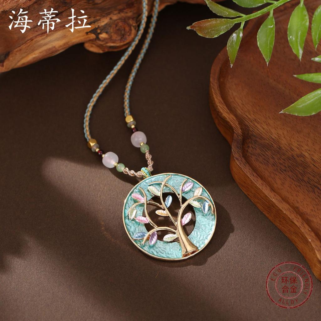New color painting oil hollow tree of life woven rope long pendant women's retro crystal beaded long necklace