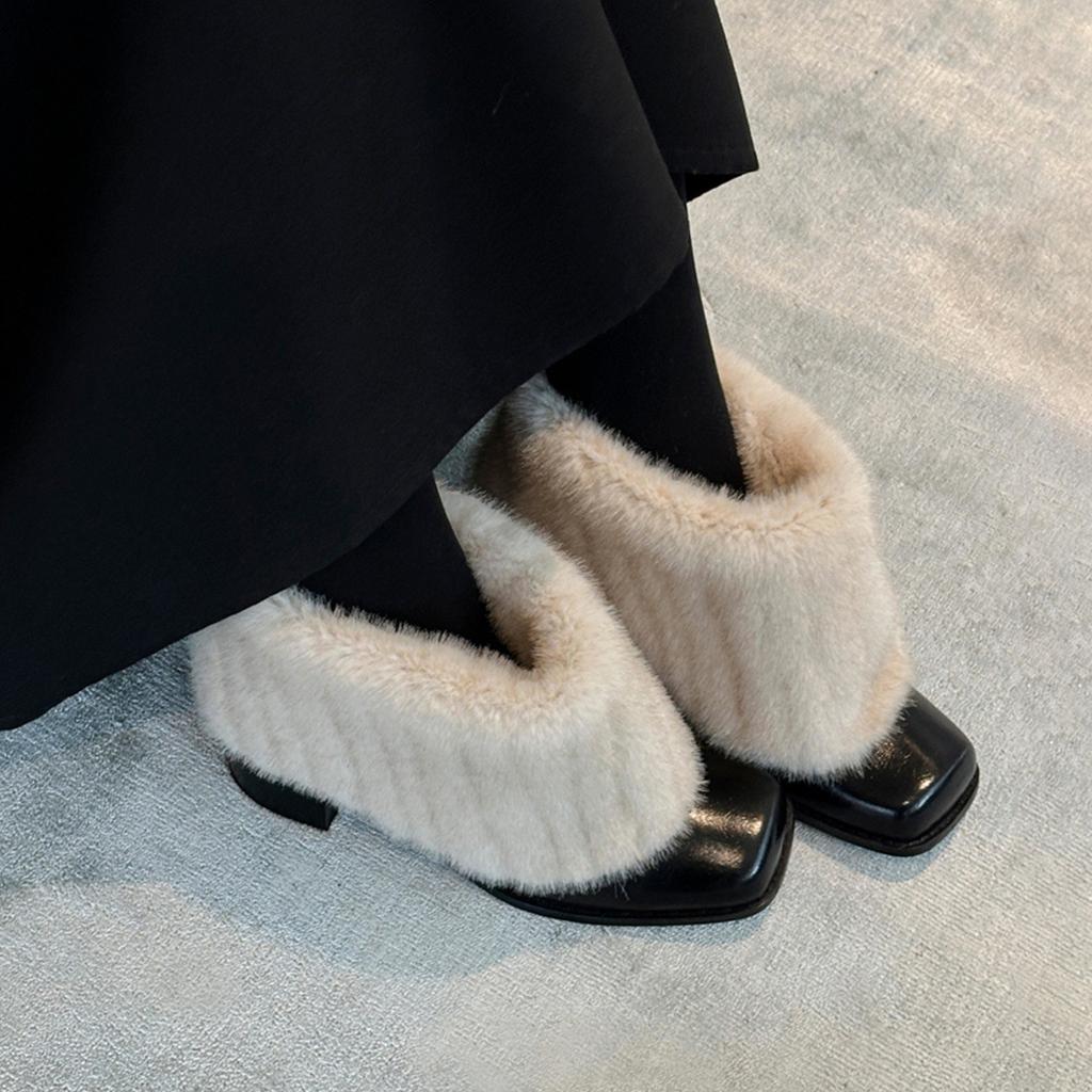 Cowhide version~ retro plush boots plush warm square head thick heel short boots women's versatile temperament plush snow boots