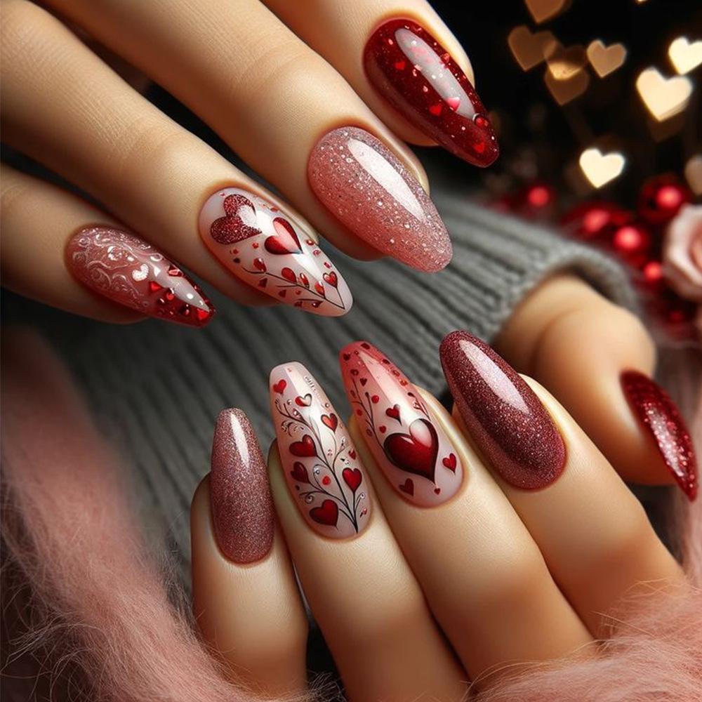 Red Heart Gradient Press-on Nails for Valentine s Day - Almond Shape Fake Nail Stickers