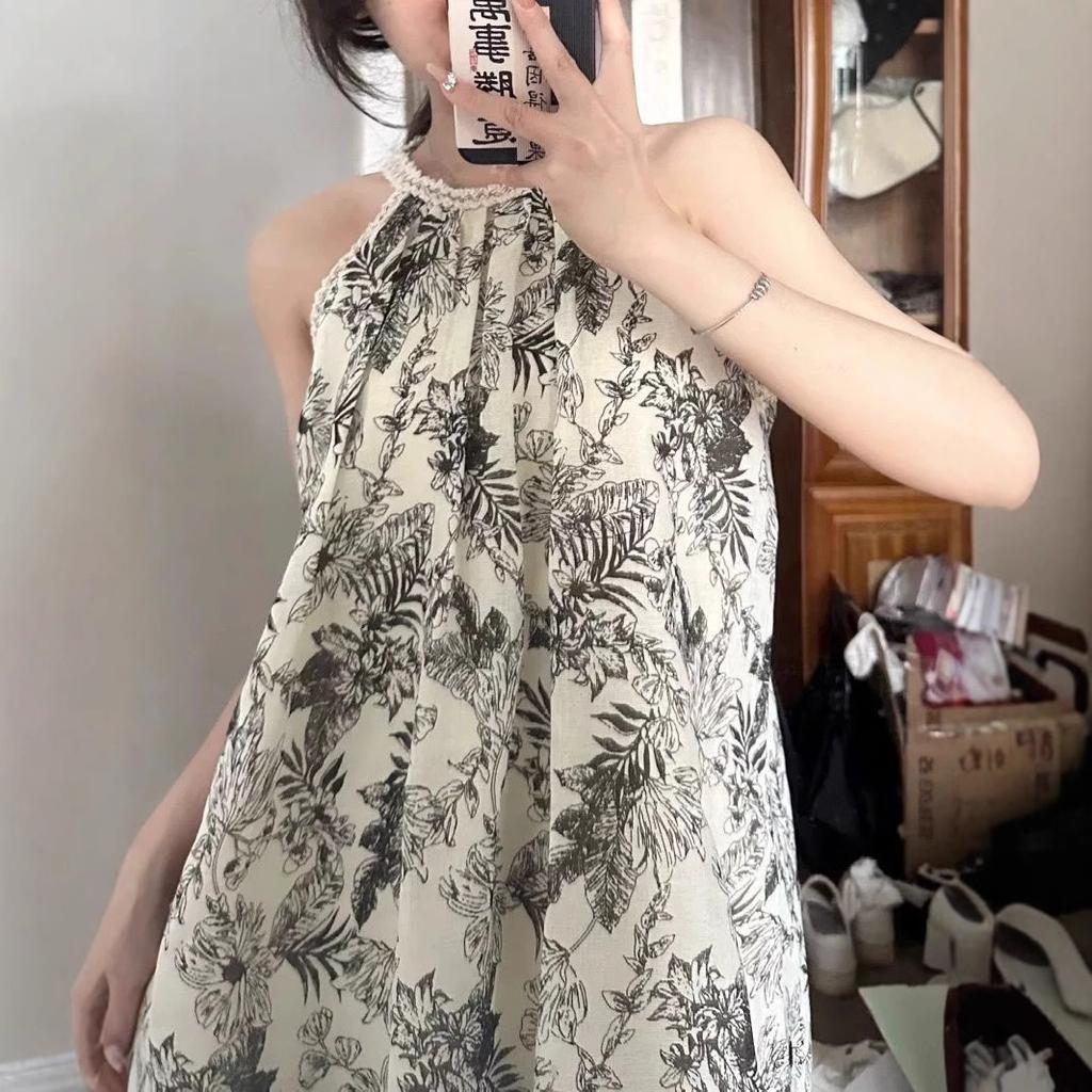 New Chinese style ink tie-dye suspender dress women's summer loose and thin holiday style long dress off-the-shoulder a-word skirt