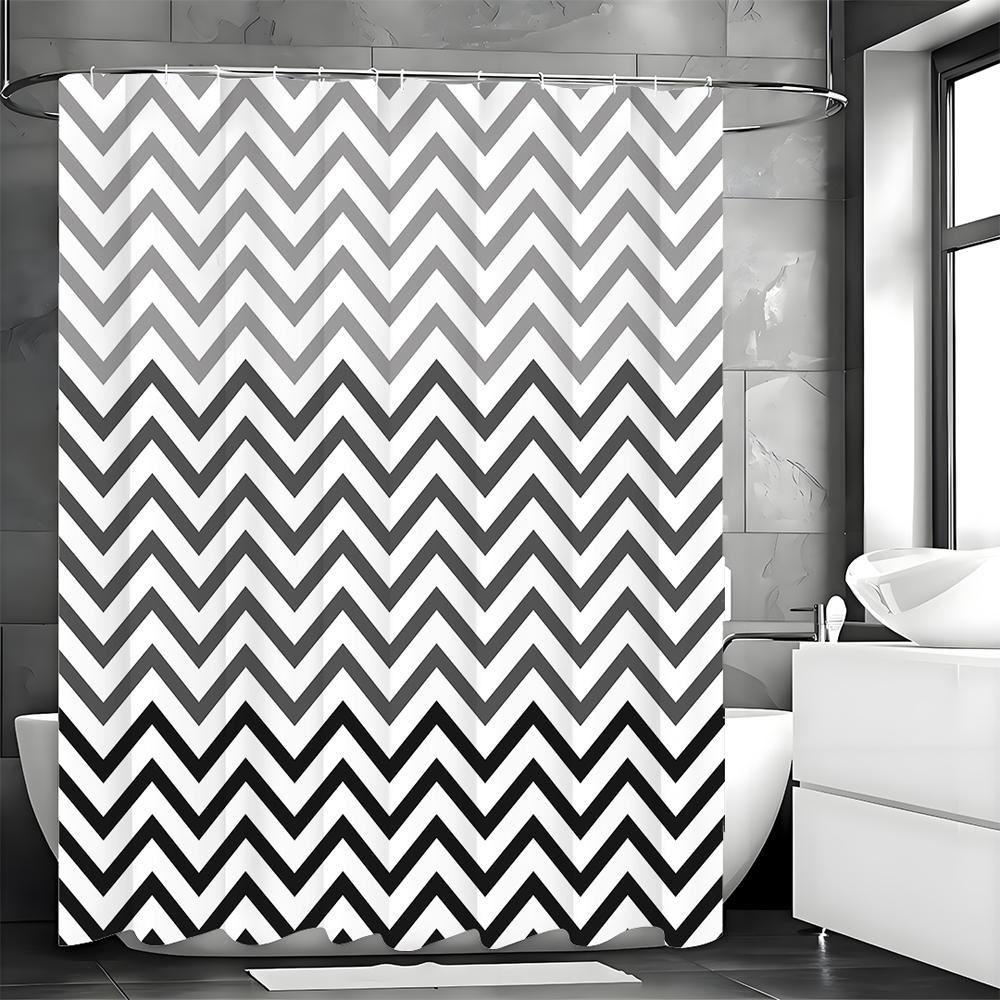 Black Gradient Wave Line Geometric Modern Minimalist Shower Curtain, Bathroom Decorative Shower Curtain, Waterproof Shower Curta