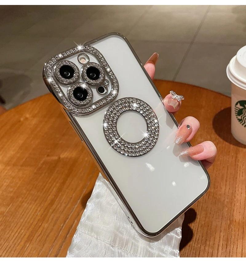 Luxury Electroplated Diamond Glitter Case For iPhone 11 12 13 14 15 16 Pro Max 14 Plus Transparent Hollow Out Bumper Soft Cover