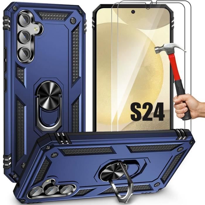 Protective Case - BOOLING - for Samsung Galaxy S24 - Rigid - Navy Blue - Anti-Scratch - with 2 Tempered Glasses