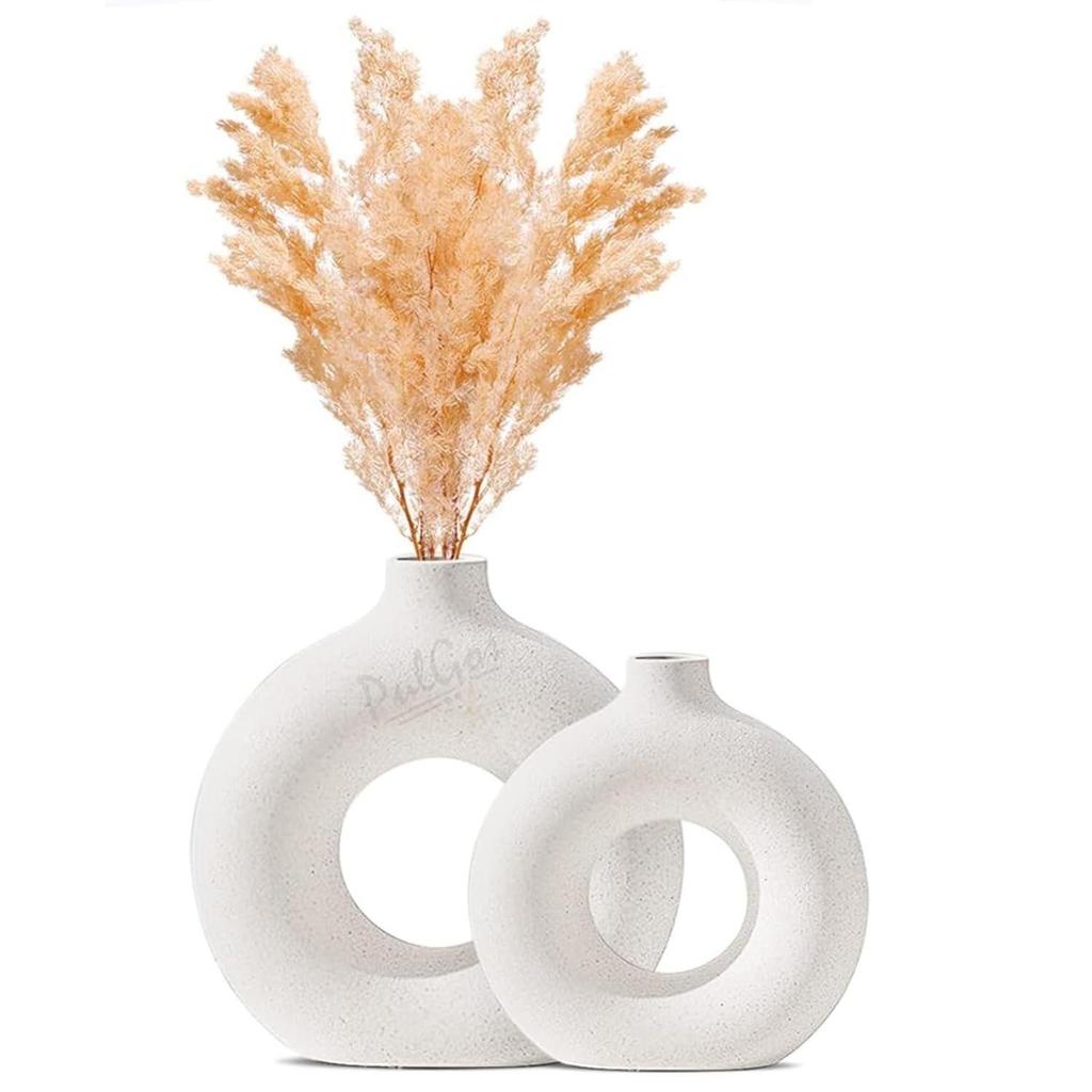 White Ceramic Donut Vase Set (6 & 8 Inches, Pack of 2) – Round Shaped Flower Vase for Pampas Grass, Home Decor Centrepiece