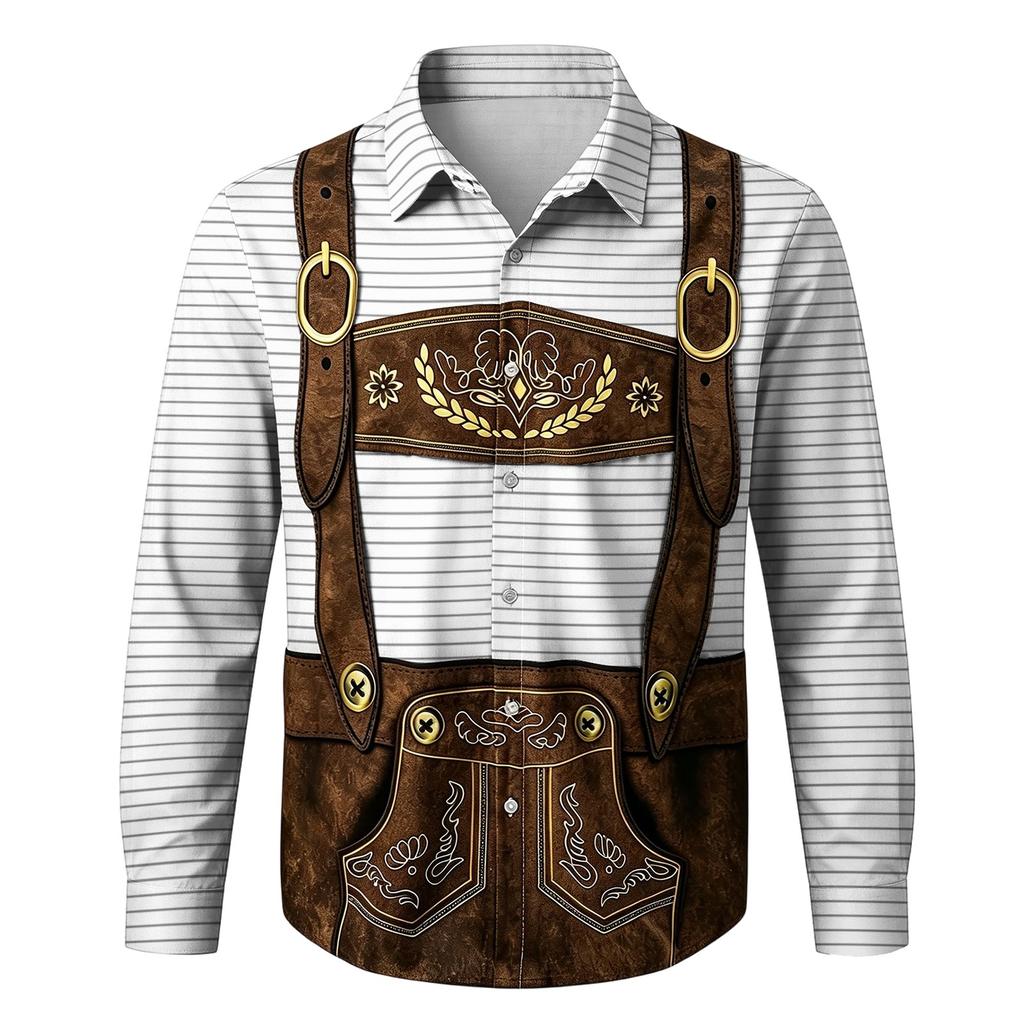 Men's Loose Fit Long Sleeve Shirt 3D Print Oktoberfest Style Button Down Shirt Casual Vintage Design Breathable Fabric Suitable for Outdoor Party