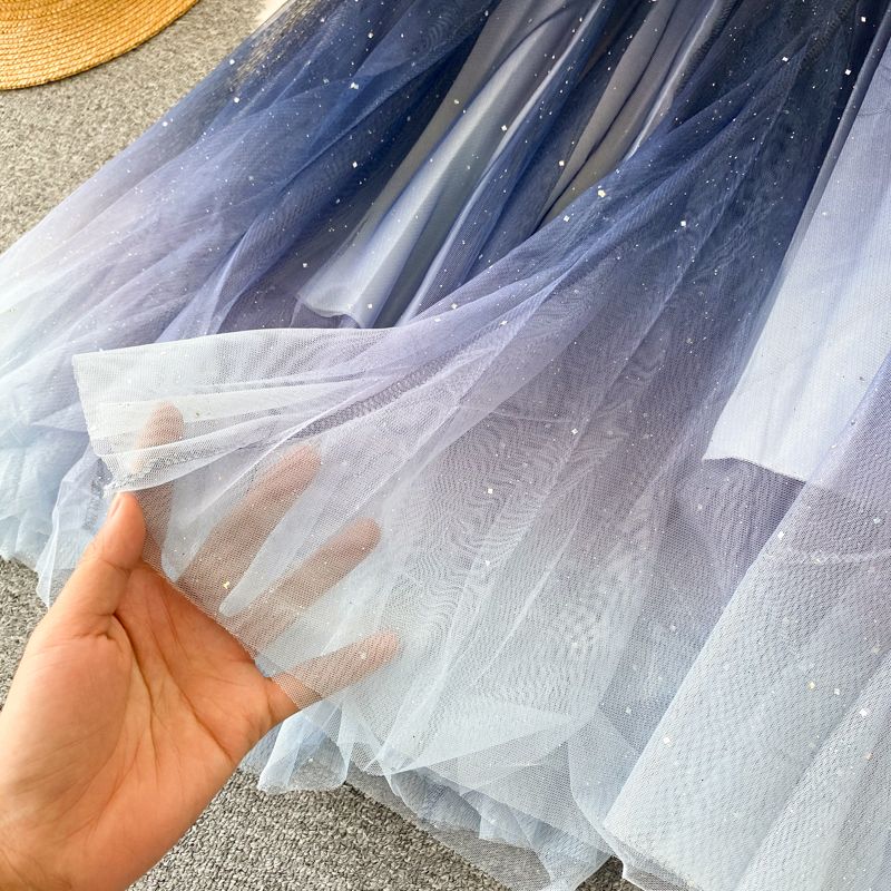 Shiny Sequined Starry Gradient Mesh Skirt High Waist A-line Pleated