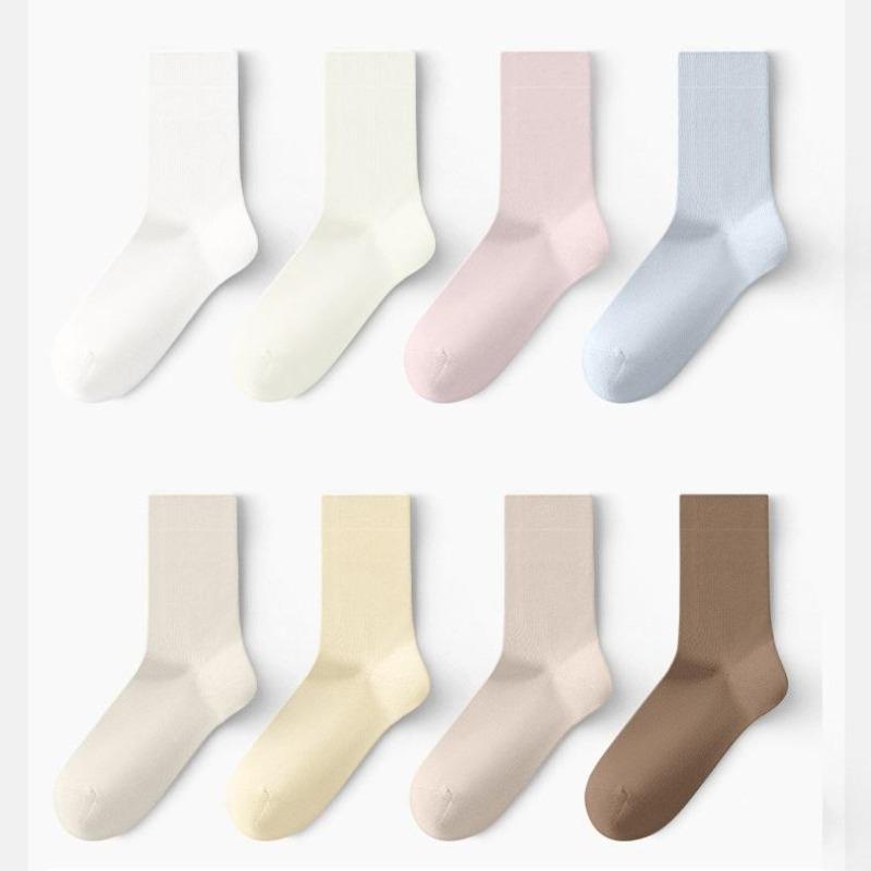 5/10 Pairs Women's Seamless Solid-Color Cotton Mid-Calf Socks